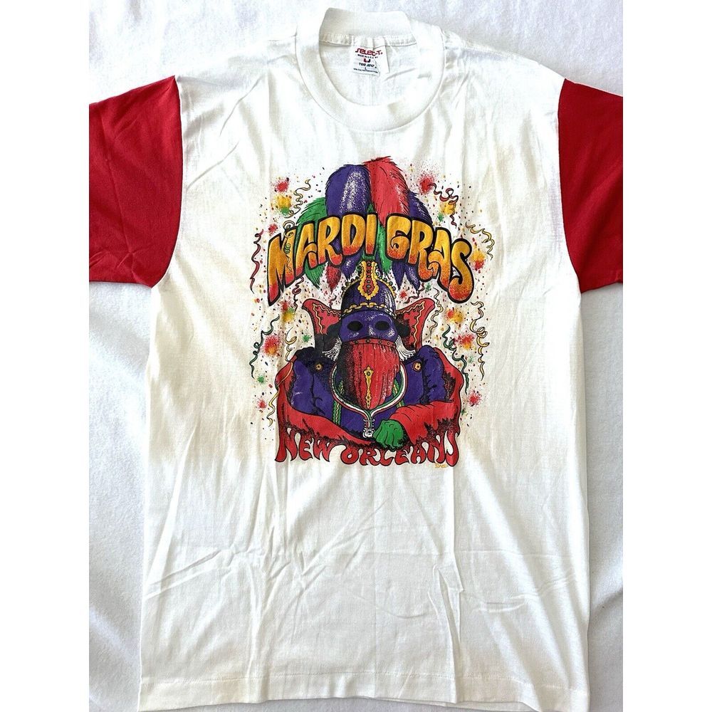 Mardi Gras T Shirt‎ Vintage Single Stitch Sz L Ringer Color block Red White USA